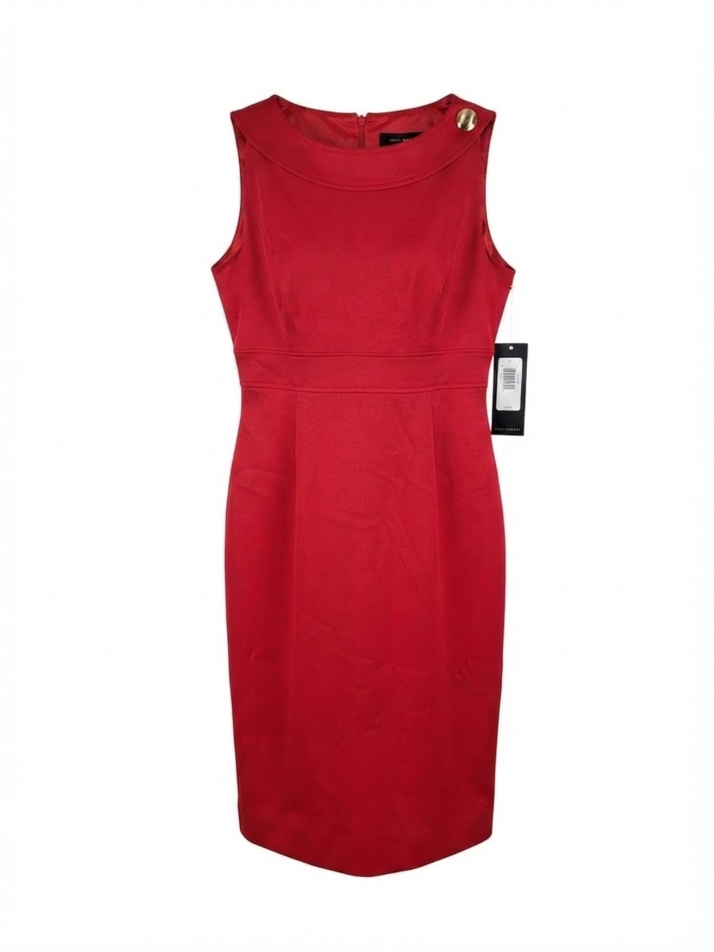 London Times Crimson Sleeveless Midi Sheath Dress with Gold Button